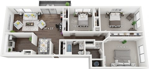 Floor plan for 3 beds, 2 baths, 1335 sqft